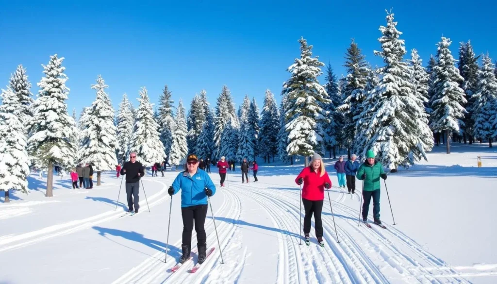 Cross-country skiers on snow-covered trails at Ed Z'berg Sugar Pine Point State Park in winter Cross-country skiers on snow-covered trails at Ed Z'berg Sugar Pine Point State Park in winter