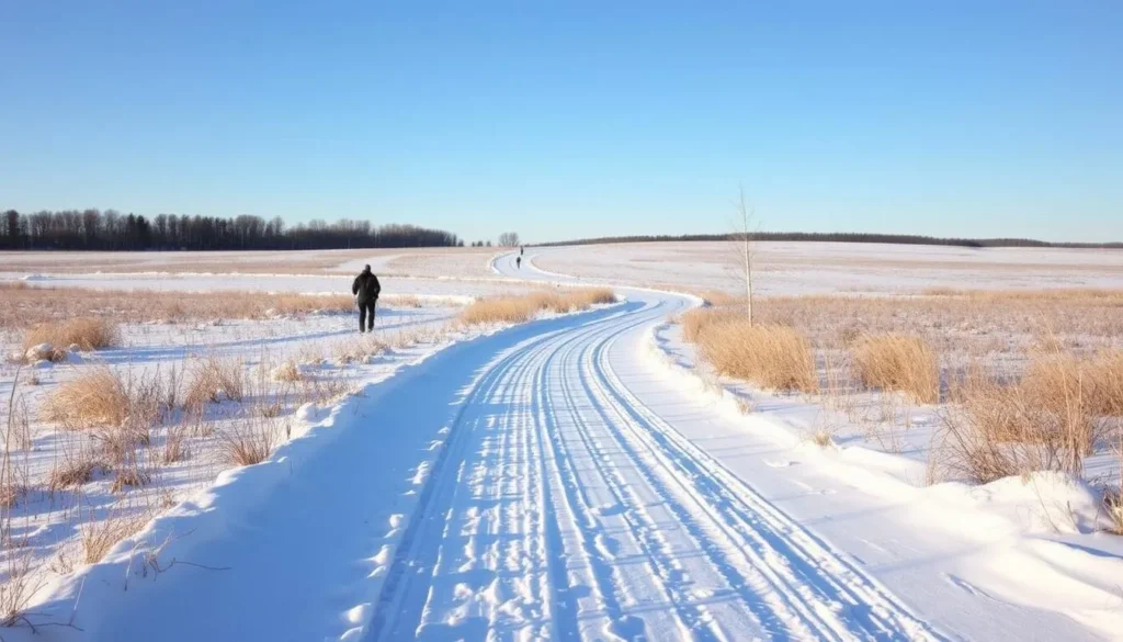 Cross-country skiing at Goose Lake Prairie Nature Preserve Illinois during winter Cross-country skiing at Goose Lake Prairie Nature Preserve Illinois during winter