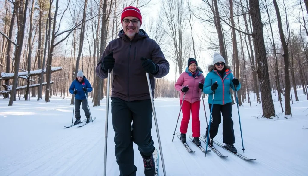 Cross-country skiing at Laurel Ridge State Park with skiers on groomed winter trails Cross-country skiing at Laurel Ridge State Park with skiers on groomed winter trails