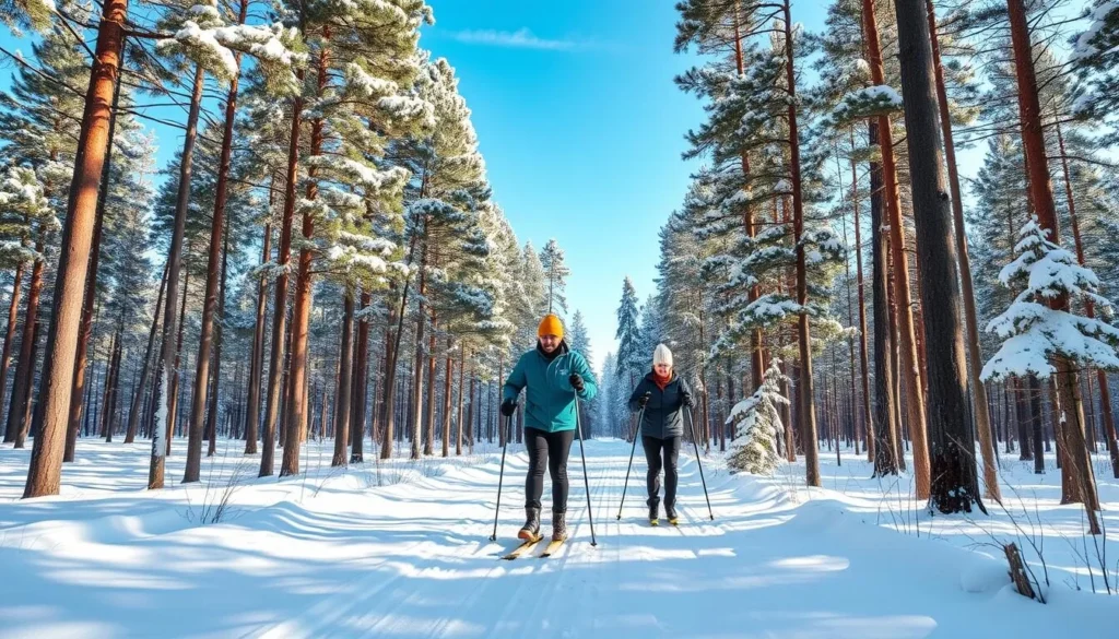 Cross-country skiing through winter forest in Sebezhsky National Park Russia