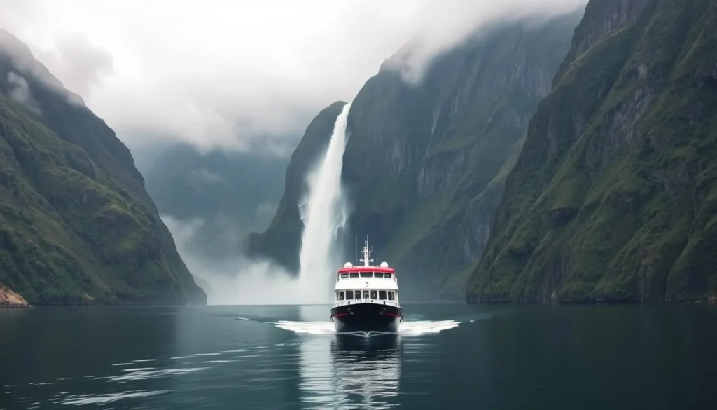 Cruise boat approaching a waterfall in Milford Sound with towering cliffs on both sides