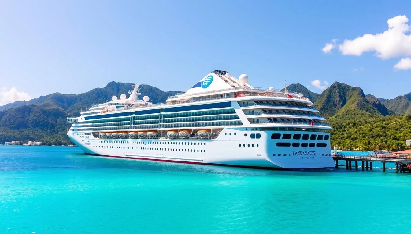 Cruise ship docked at Labadee port with lush green mountains in the background and crystal clear turquoise waters
