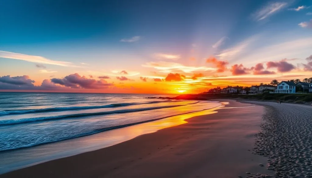 Crystal Cove State Park beach at sunset with golden light illuminating the coastline and historic cottages Crystal Cove State Park beach at sunset with golden light illuminating the coastline and historic cottages