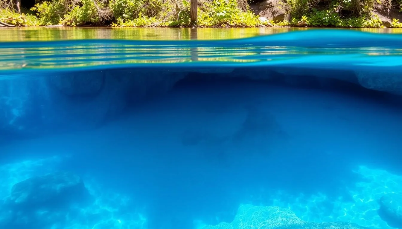 Crystal-clear-blue-waters-of-Peacock-Springs-with-underwater-cave-entrance-visible-at-Wes Crystal clear blue waters of Peacock Springs with underwater cave entrance visible at Wes Skiles Peacock Springs State Park Florida