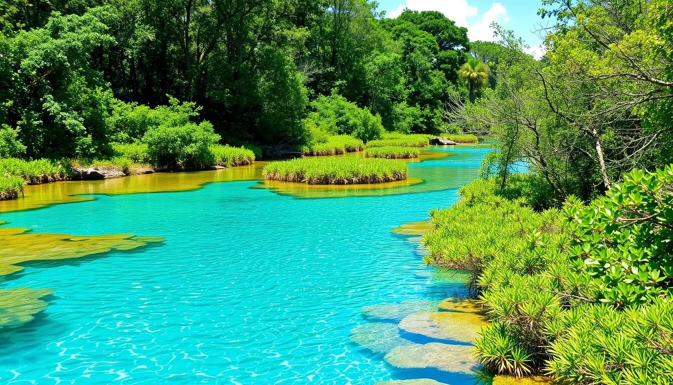 Crystal-clear-blue-waters-of-Weeki-Wachee-Springs-with-lush-green-surroundings-on-a-sunny-day Crystal clear blue waters of Weeki Wachee Springs with lush green surroundings on a sunny day
