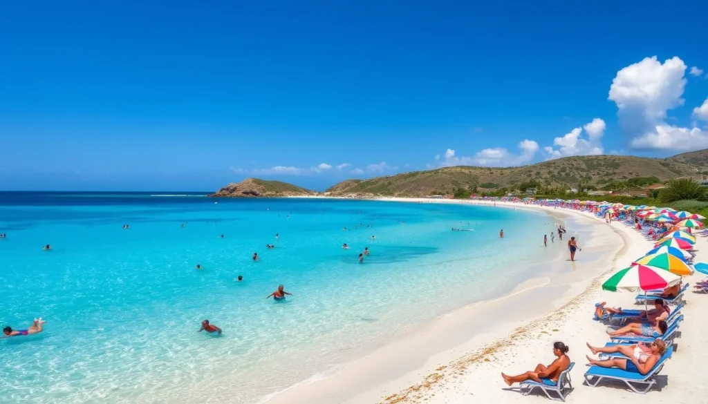 Crystal clear waters of Little Bay Beach with swimmers and sunbathers