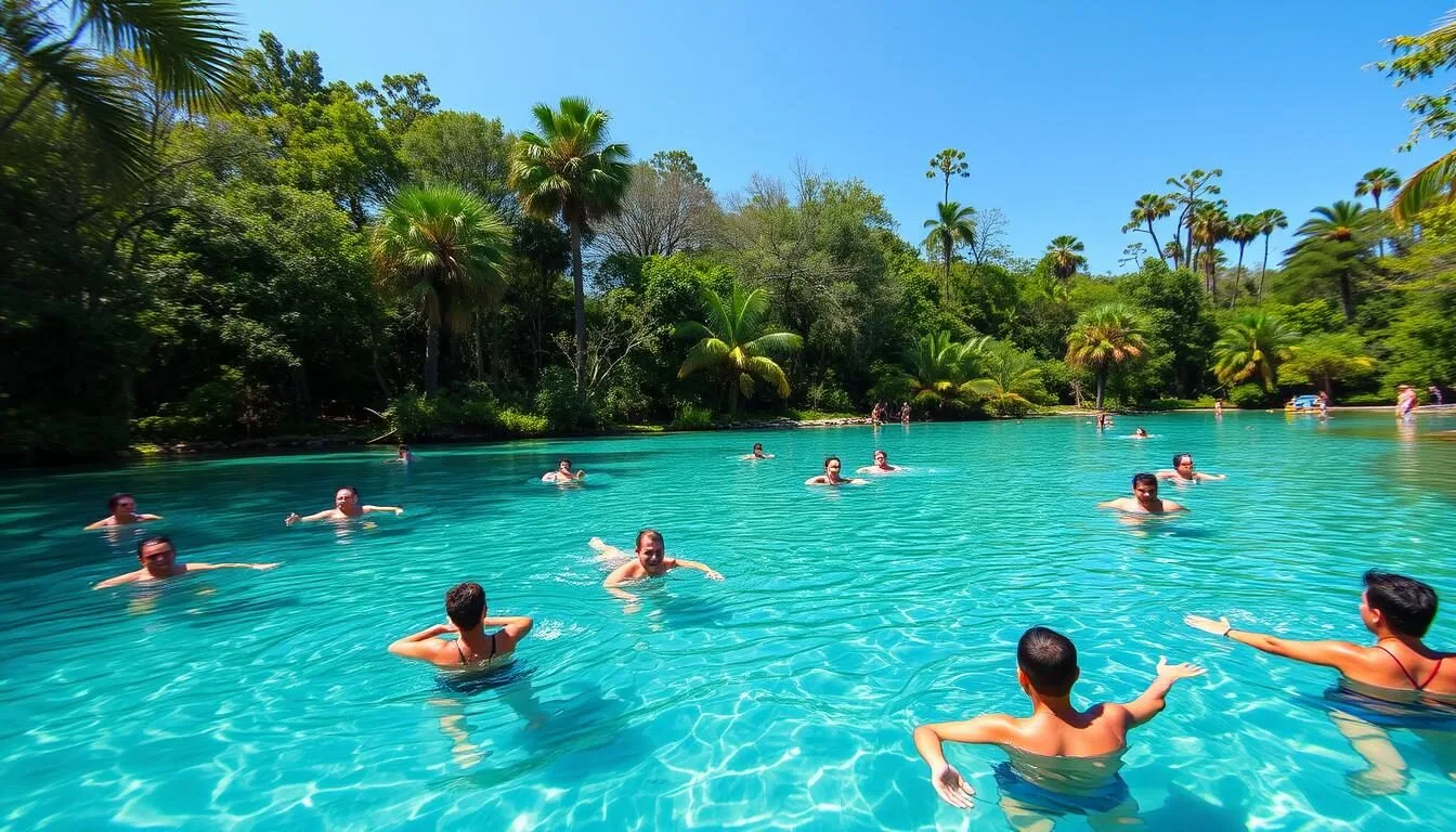 Crystal-clear-waters-of-Wekiwa-Springs-with-swimmers-enjoying-the-natural-pool-on-a-sunny-day Crystal clear waters of Wekiwa Springs with swimmers enjoying the natural pool on a sunny day