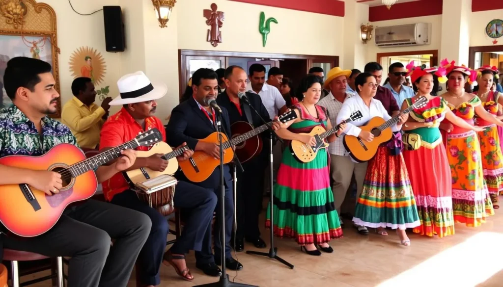 Cuban music performance with traditional instruments and dancers in colorful costumes