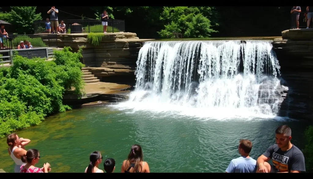 Cucumber Falls, a 30-foot waterfall in Ohiopyle State Park with visitors
