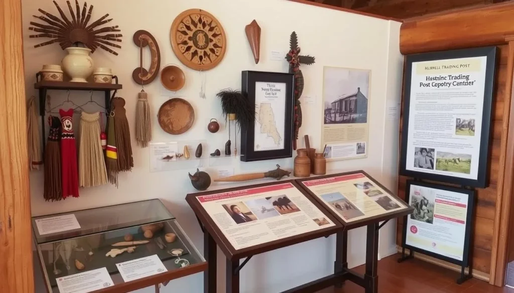 Cultural display at Hubbell Trading Post showing historic artifacts and Native American art