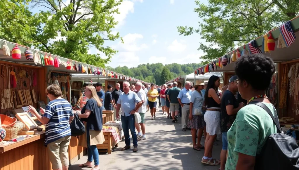 Cultural festival at Evansburg State Park Pennsylvania with local artisans displaying crafts and diverse visitors enjoying the event
