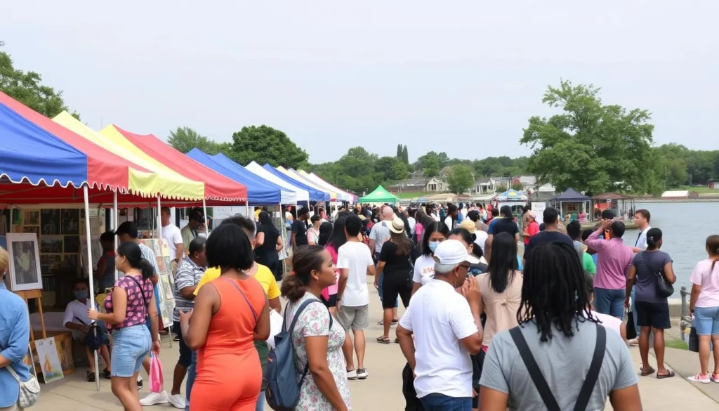 Cultural festival at Lake Decatur with diverse attendees enjoying art displays and performances Cultural festival at Lake Decatur with diverse attendees enjoying art displays and performances
