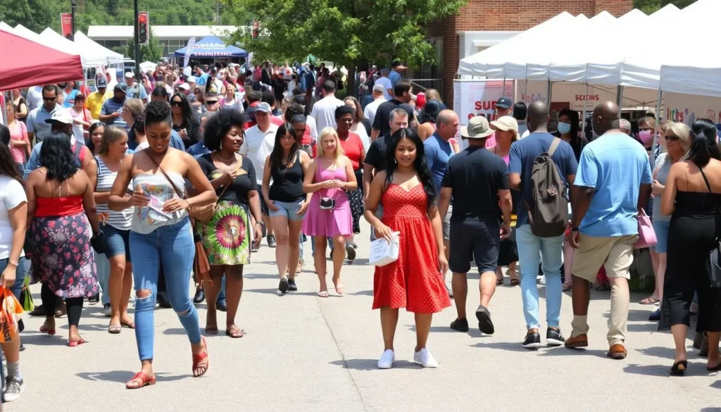 Cultural festival in Penn Hills with diverse attendees enjoying performances, art displays, and food vendors