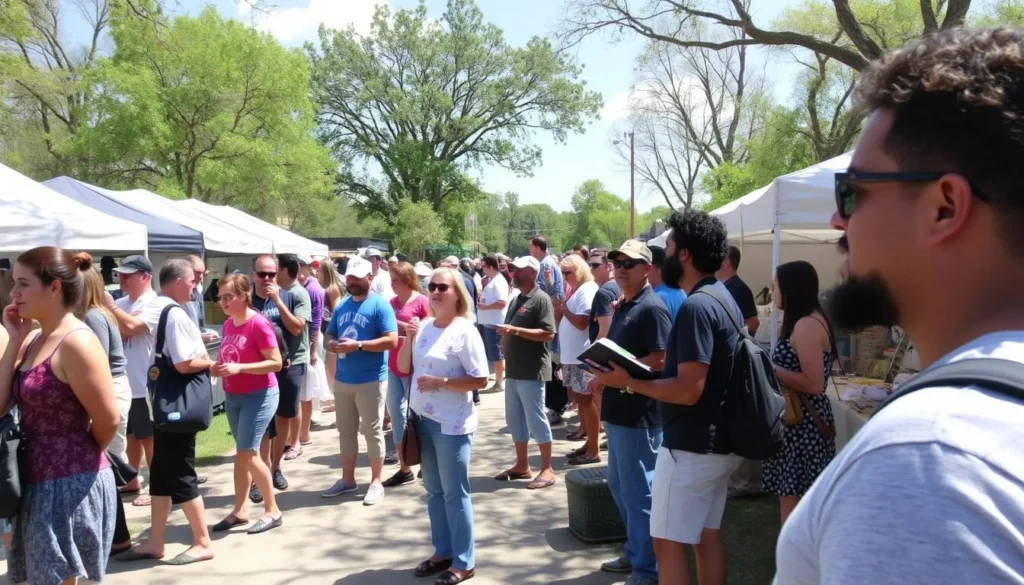 Cultural festival near Kinkaid Lake with diverse attendees enjoying local music and crafts