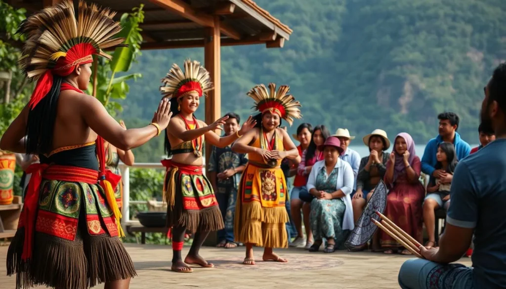 Cultural performance by local Amerindian dancers at Lake Mainstay Resort
