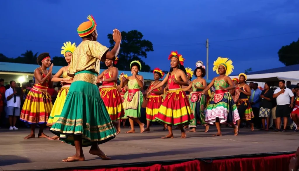 Cultural performance during Linden Town Week featuring colorful costumes and traditional dancing