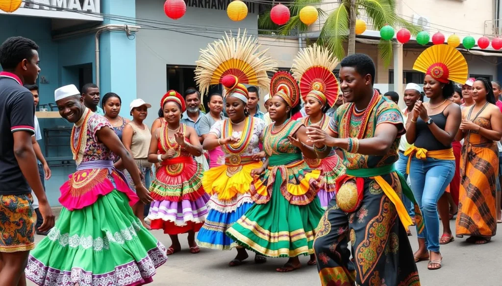 Cultural performance during Mashramani celebrations in New Amsterdam with colorful costumes and dancing