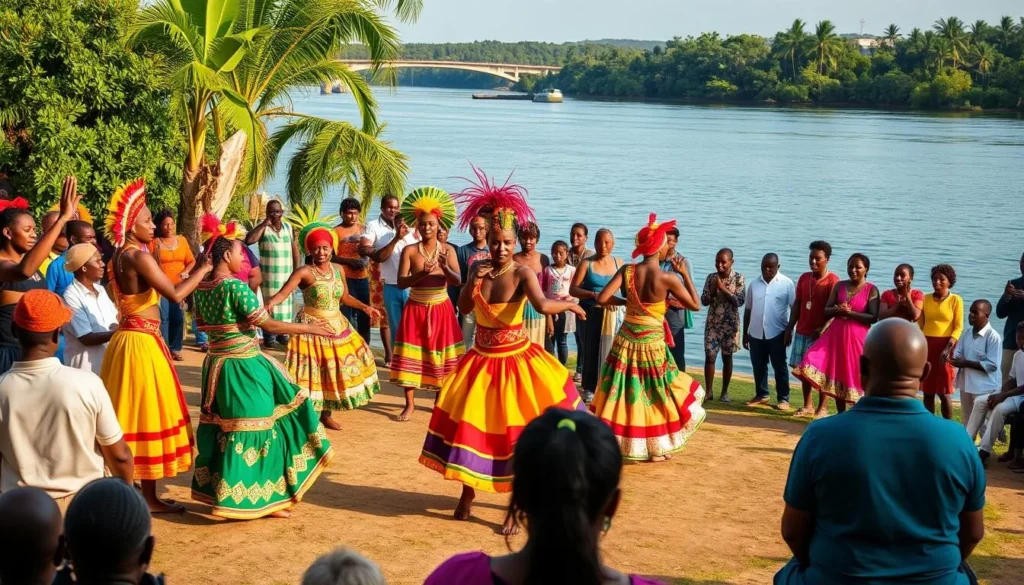 Cultural performance of traditional Guyanese dance near the Essequibo River