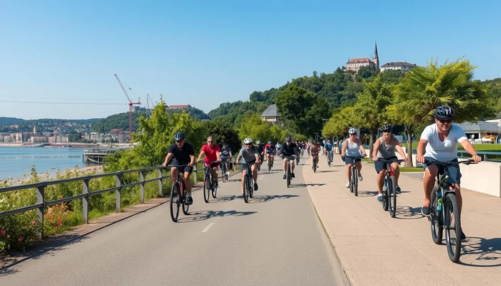 Cycling along the Rhine promenade in Koblenz Germany with river views