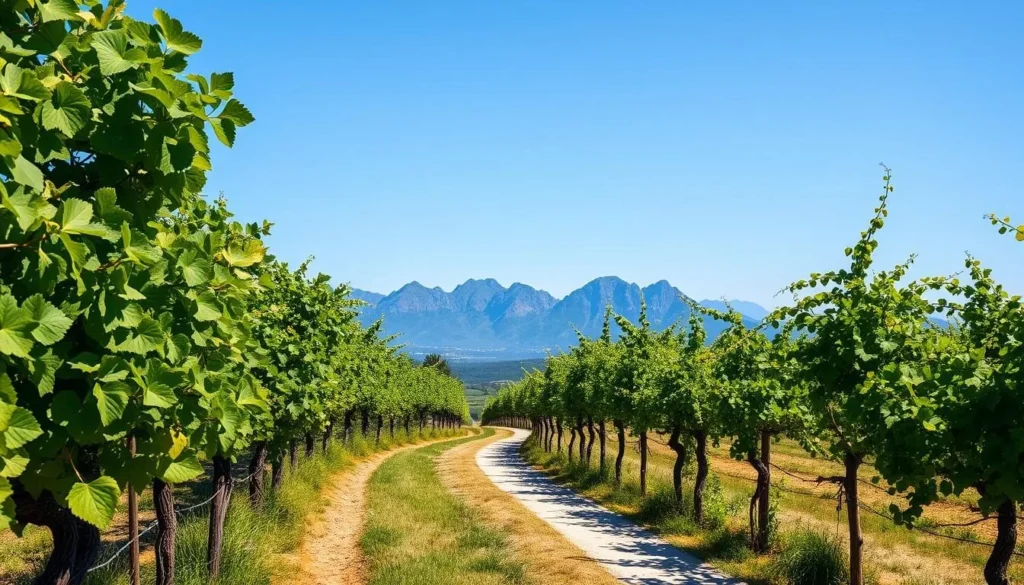 Cycling path through vineyards in Lumbarda with mountain views