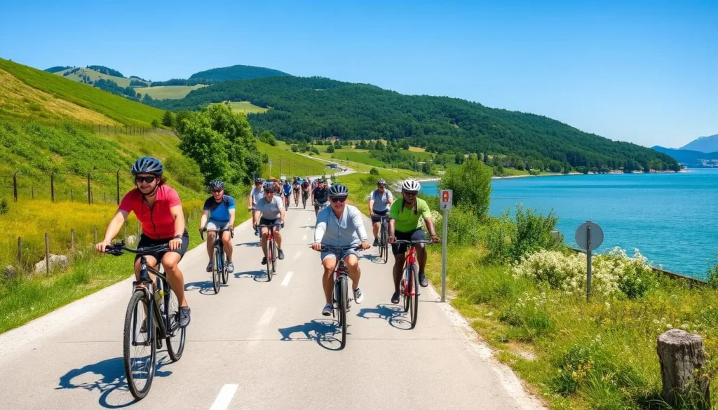 Cyclists on the Lake Constance Cycle Path with lake and mountain views