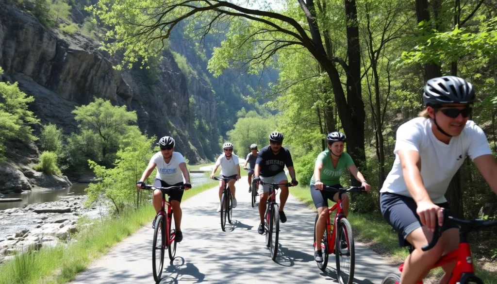 Cyclists on the Pine Creek Rail Trail near Leonard Harrison State Park Pennsylvania Cyclists on the Pine Creek Rail Trail near Leonard Harrison State Park Pennsylvania