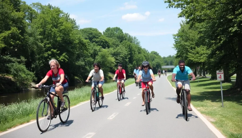 Cyclists on the Schuylkill River Trail with the river and greenery visible Cyclists on the Schuylkill River Trail with the river and greenery visible