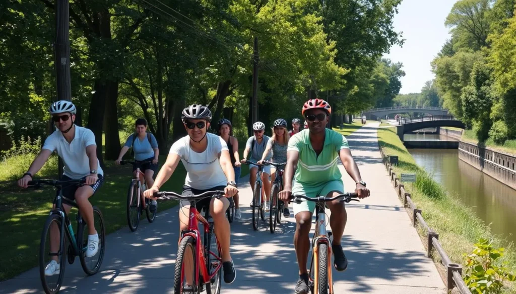 Cyclists riding along the Delaware Canal towpath trail Cyclists riding along the Delaware Canal towpath trail