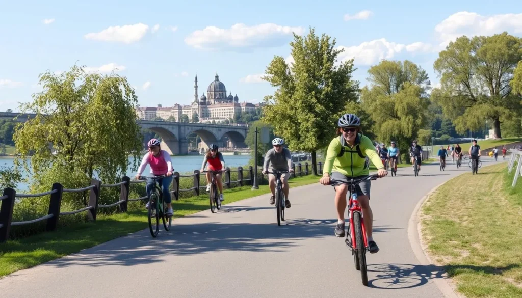 Cyclists riding along the Elbe Cycle Route in Dresden Germany Cyclists riding along the Elbe Cycle Route in Dresden Germany