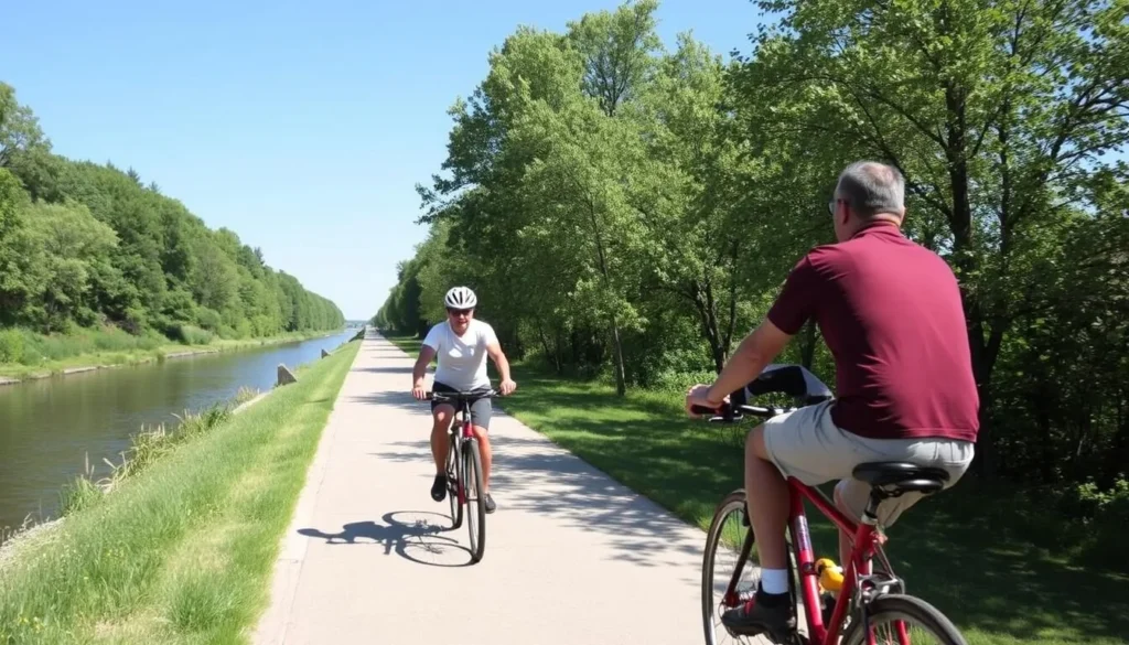 Cyclists riding along the Hennepin Canal towpath trail with the canal visible alongside them Cyclists riding along the Hennepin Canal towpath trail with the canal visible alongside them