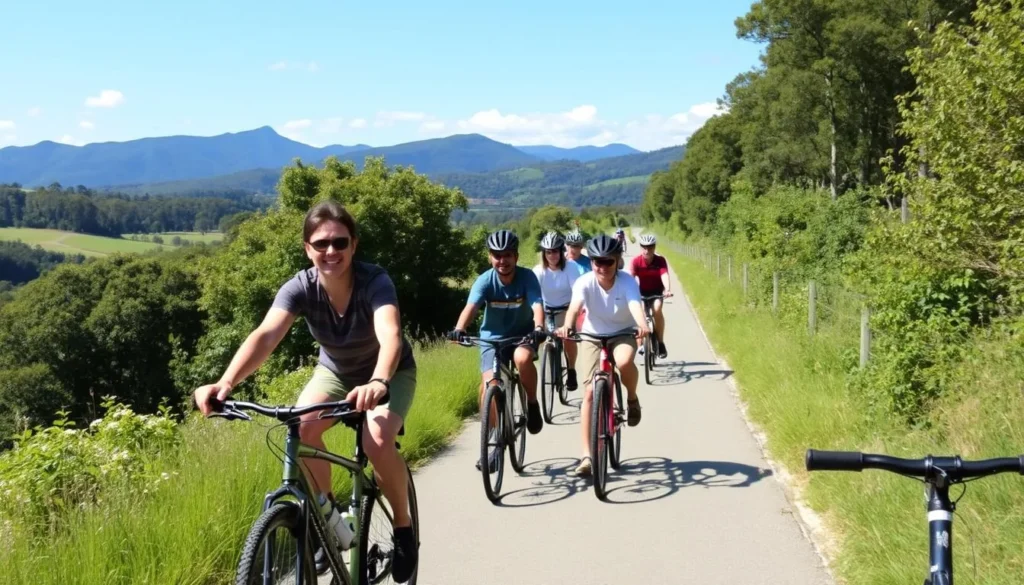 Cyclists riding along the Lilydale to Warburton Rail Trail with mountain views