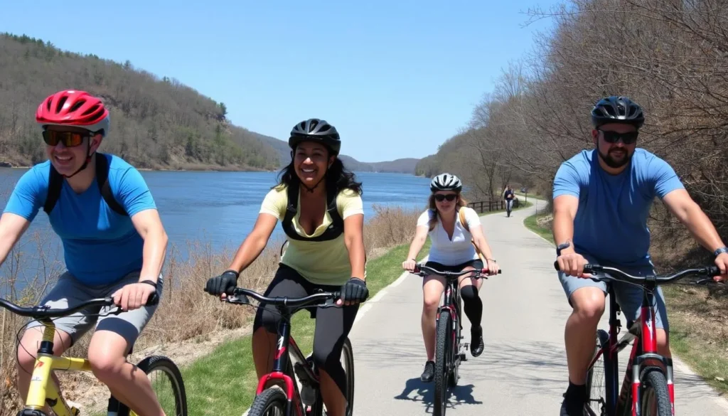 Cyclists riding along the Sam Vadalabene Bike Trail at Pere Marquette State Park Illinois with river views Cyclists riding along the Sam Vadalabene Bike Trail at Pere Marquette State Park Illinois with river views