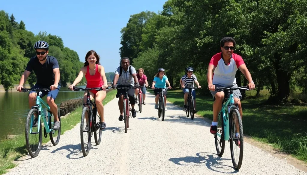 Cyclists riding along the crushed limestone path of the Illinois and Michigan Canal State Trail Cyclists riding along the crushed limestone path of the Illinois and Michigan Canal State Trail
