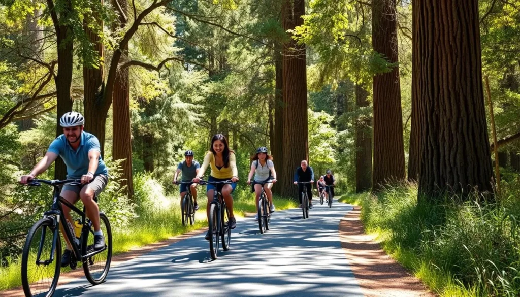 Cyclists riding along the paved Cross Marin Trail in Samuel P. Taylor State Park Cyclists riding along the paved Cross Marin Trail in Samuel P. Taylor State Park