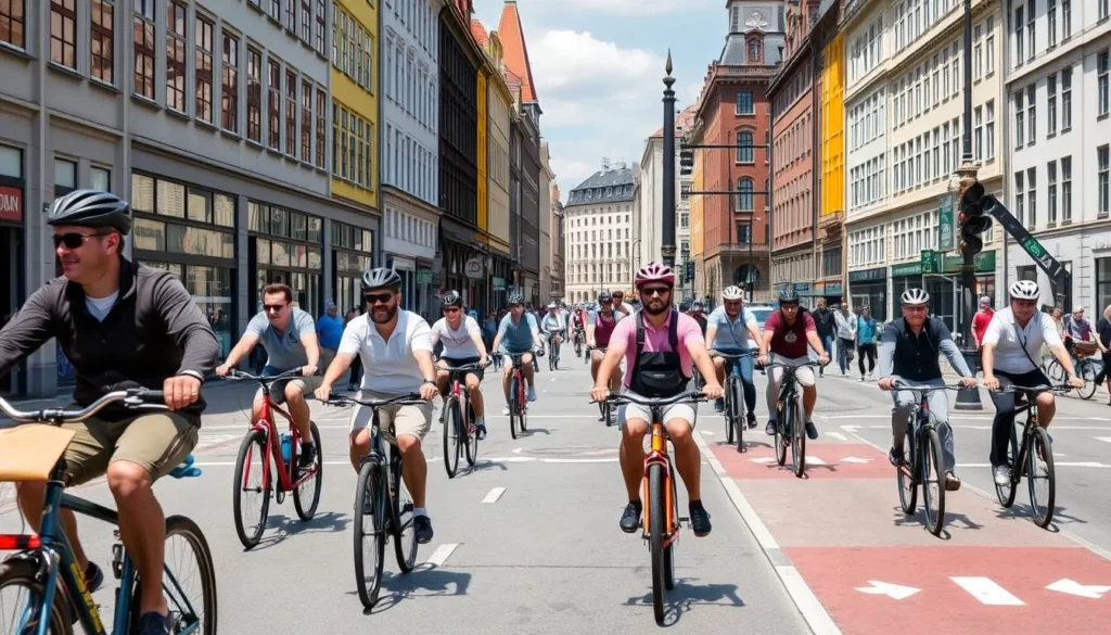 Cyclists riding on dedicated bike lanes in Copenhagen with historic buildings in background