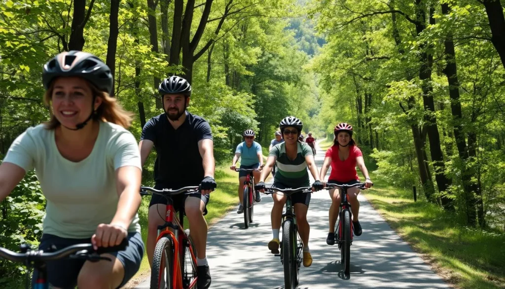 Cyclists riding on the Great Allegheny Passage trail through Ohiopyle State Park