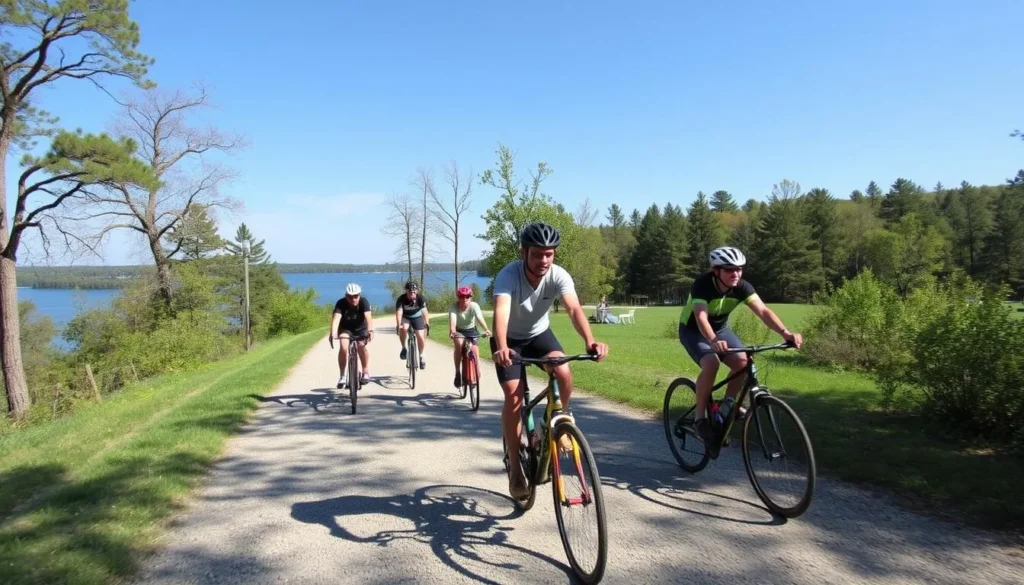 Cyclists riding on the scenic road around Mermet Lake on a sunny day