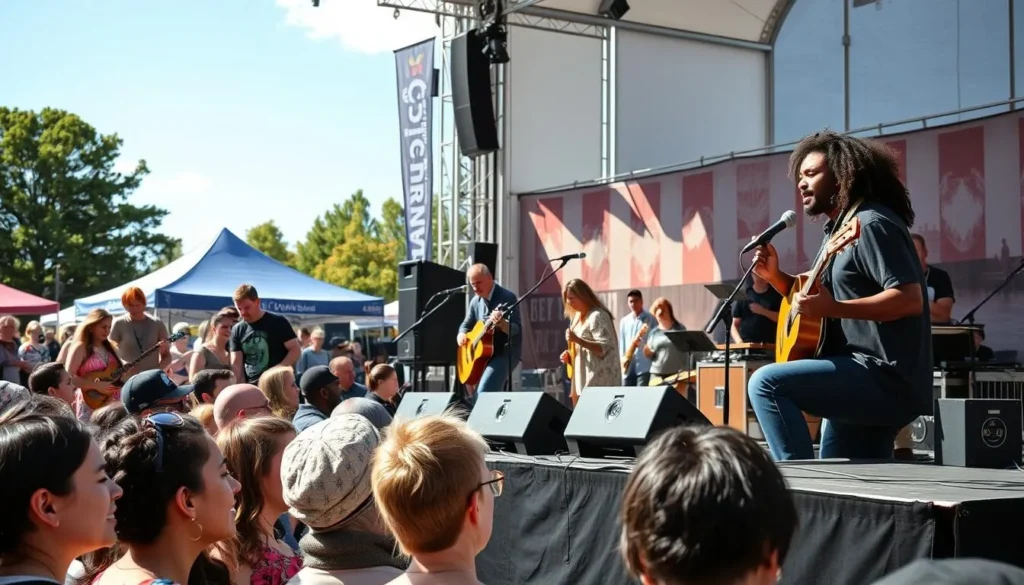 Cygnet Folk Festival with musicians performing and audience enjoying