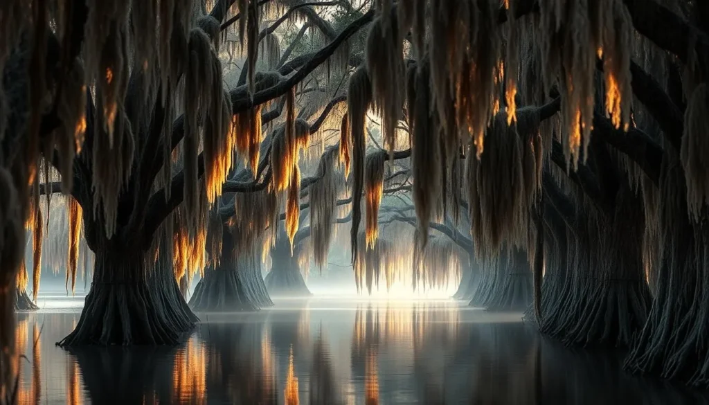 Cypress trees with Spanish moss in Bayou D'Arbonne creating a mystical scene Cypress trees with Spanish moss in Bayou D'Arbonne creating a mystical scene