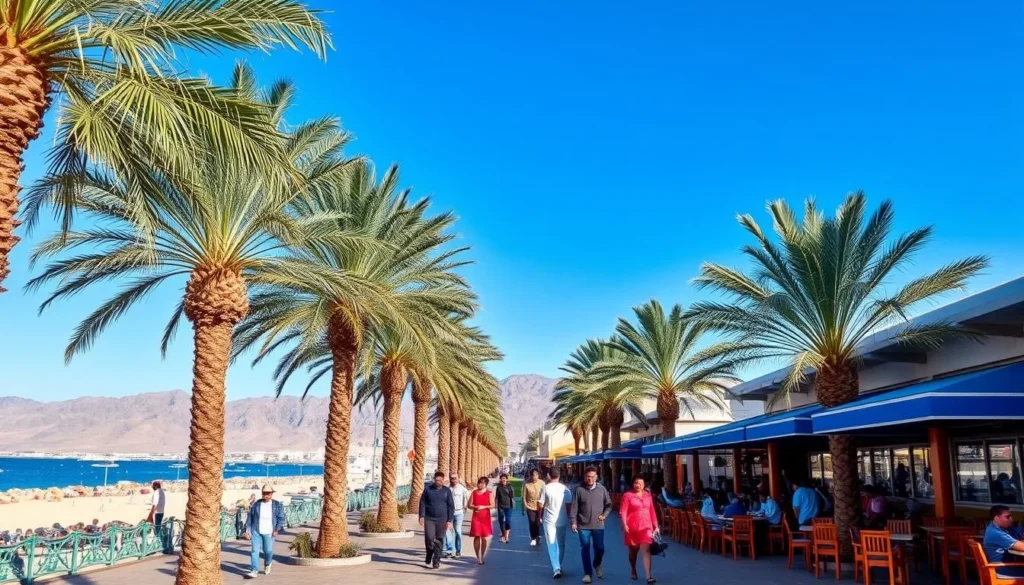 Dahab's beachfront promenade with restaurants and cafes along the Red Sea coastline