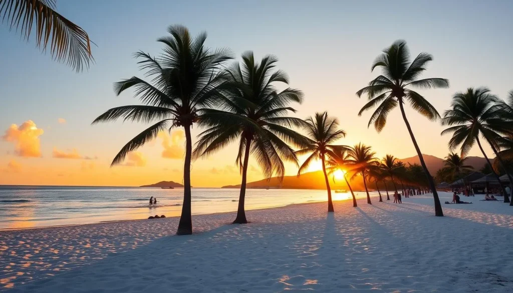 Dawn Beach St. Martin at sunrise with golden light illuminating the beach Dawn Beach St. Martin at sunrise with golden light illuminating the beach