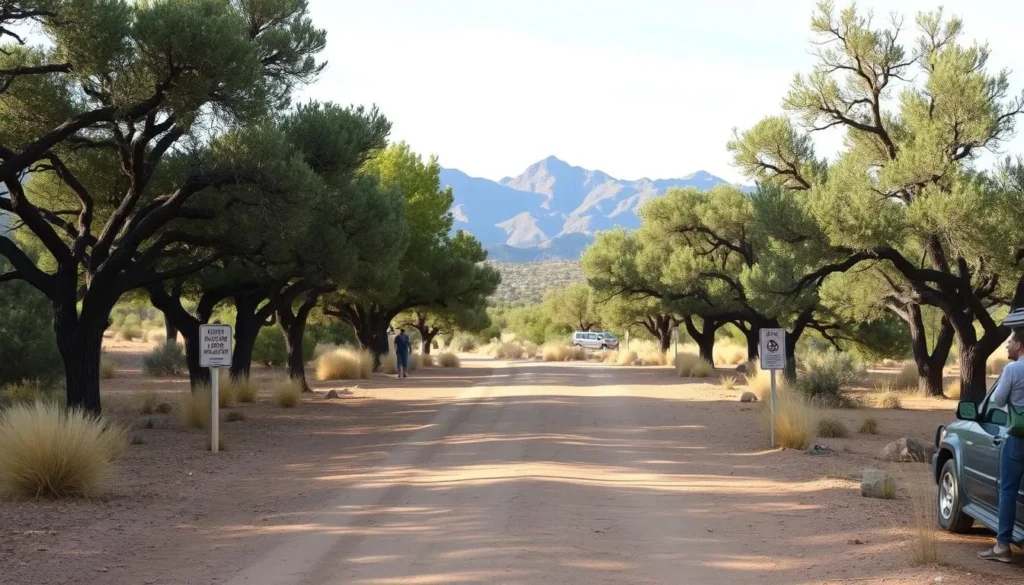 Deer Creek Trailhead in the Galiuro Mountains with a small parking area surrounded by oak trees and mountains in the background Deer Creek Trailhead in the Galiuro Mountains with a small parking area surrounded by oak trees and mountains in the background