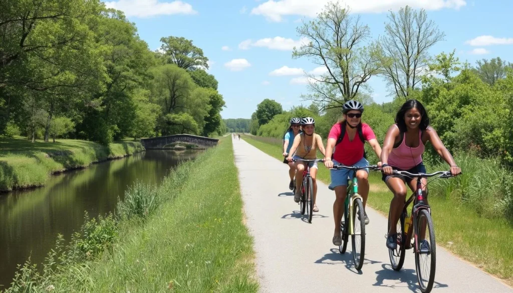 Delaware Canal State Park towpath with cyclists and hikers enjoying the scenic trail Delaware Canal State Park towpath with cyclists and hikers enjoying the scenic trail