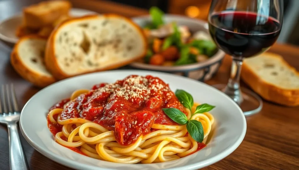 Delicious Italian cuisine from a local Herrin restaurant showing pasta and garlic bread Delicious Italian cuisine from a local Herrin restaurant showing pasta and garlic bread