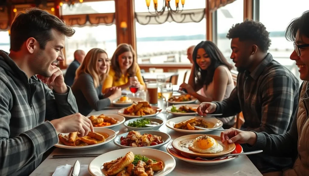 Delicious local cuisine being served at a restaurant in Edinboro with lake view Delicious local cuisine being served at a restaurant in Edinboro with lake view
