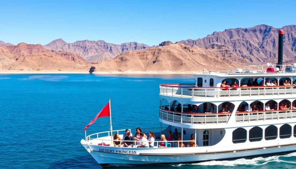 Desert Princess paddle wheeler cruise boat on Lake Mead with mountains in background Desert Princess paddle wheeler cruise boat on Lake Mead with mountains in background