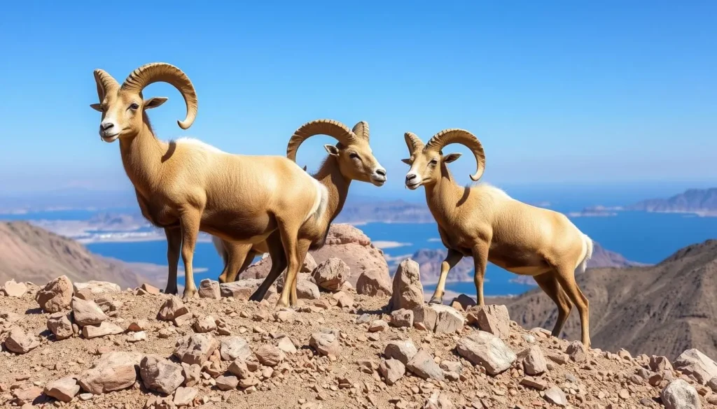 Desert bighorn sheep at Lake Mead with mountains and lake in background Desert bighorn sheep at Lake Mead with mountains and lake in background
