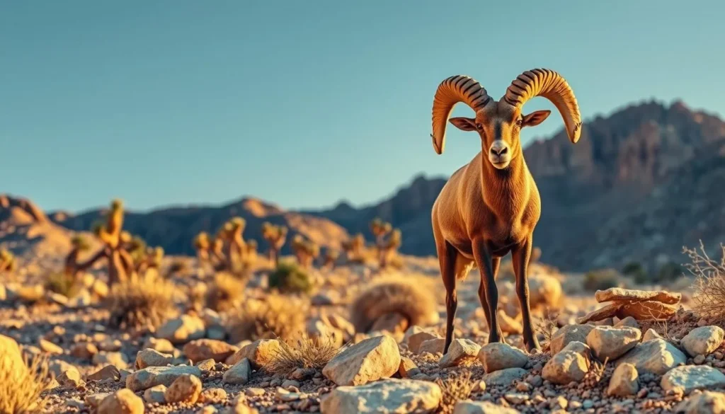 Desert bighorn sheep in rocky terrain of Mojave National Preserve with Joshua Trees in background Desert bighorn sheep in rocky terrain of Mojave National Preserve with Joshua Trees in background