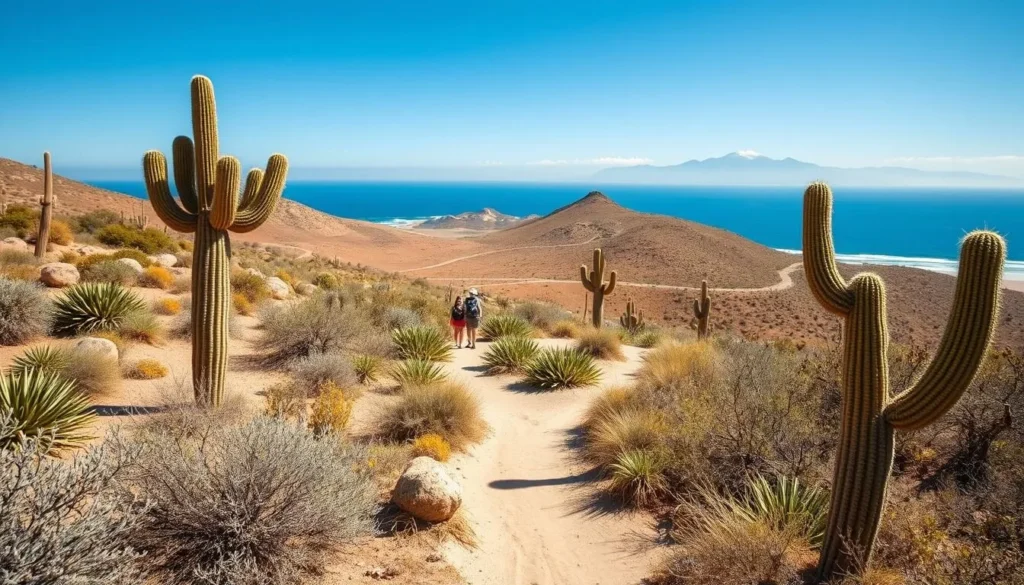 Desert hiking trail near El Pescadero with cacti and ocean views
