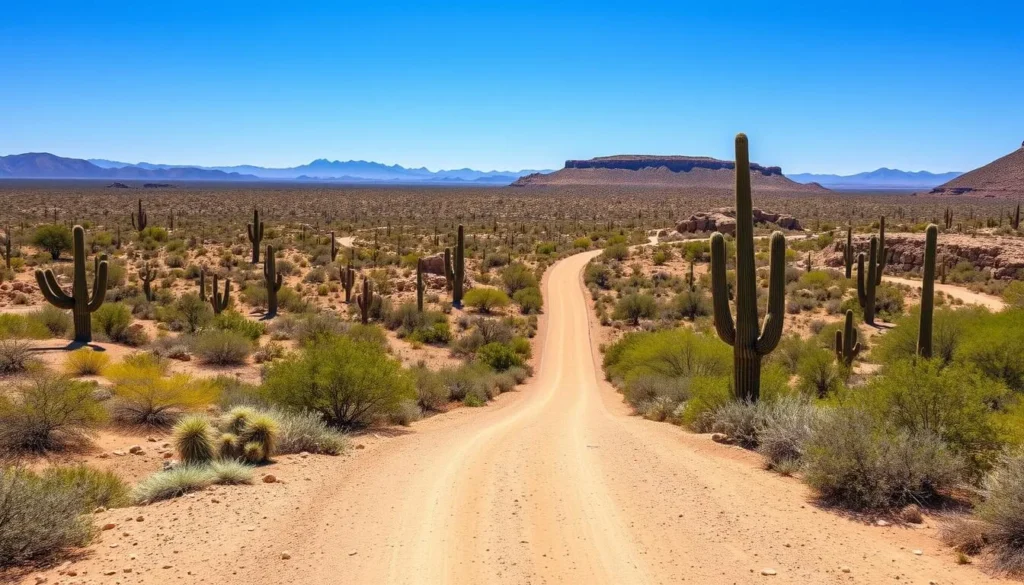 Desert landscape approaching Casa Grande Ruins National Monument with mountains in the background